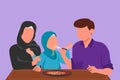 Character flat drawing young Arab family having lunch together in restaurant. Parents feeds they daughter with love. Happy little