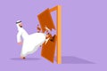 Character flat drawing young Arabian businessman kicks the door until door shattered. Man kicking locked door and destroy.