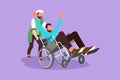 Character flat drawing young Arabian male volunteer helps disabled old man, riding on wheelchair in park. Family care,