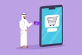 Character flat drawing young Arabian man inserting credit card into large smartphone screen with shopping cart inside. Digital