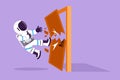 Character flat drawing young astronaut kicks door with flying kick until door shattered in moon surface. Spaceman kicking locked