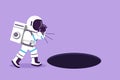 Character flat drawing young astronaut scream into pit hole in moon surface. Spaceman searching opportunity, exploration,