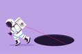 Character flat drawing young astronaut trying hard pulling rope to drag something from hole in moon surface. Metaphor to facing