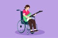 Character flat drawing young beautiful female sitting in wheelchair playing electric guitar, sing song. Person in hospital room