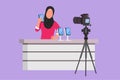 Character flat drawing young beauty Arab female influencer filming video review smartphone on dslr camera at home. Blogger