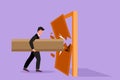 Character flat drawing of young businessman holding large log and destroying door. Overcome business challenges, and destroying