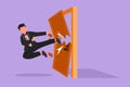 Character flat drawing of young businessman kicks the door with flying kick until door shattered. Man kicking locked door.