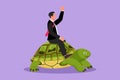 Character flat drawing of young businessman riding huge turtle. Slow movement to success, manager driving giant tortoise. Business Royalty Free Stock Photo