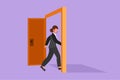 Character flat drawing of young businesswoman enters the room through the door. Female manager walking to opened door. Starting