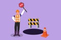 Character flat drawing young construction worker holding stop sign and standing next to under construction board which is located Royalty Free Stock Photo