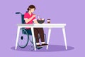Character flat drawing young female patient in wheelchair eating ramen or noodle food and sitting at table. Having lunch, snack in