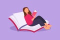 Character flat drawing young female reading, learning and sitting on open big book. Smart student studying in library. Literature Royalty Free Stock Photo