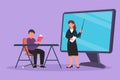 Character flat drawing young female teacher standing in front of monitor screen holding book and teaching male junior high school Royalty Free Stock Photo
