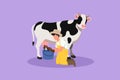 Character flat drawing young male farmer milking a cow in the bucket. Breeding cows. Ranch or farm. Livestock or cattle. Royalty Free Stock Photo