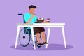 Character flat drawing young male patient in wheelchair eating ramen or noodle food and sitting at table. Having lunch, snack in