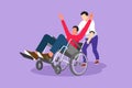 Character flat drawing young male volunteer helps disabled old man, riding on wheelchair in park. Family care, volunteerism,