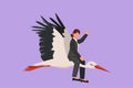 Character flat drawing of young pretty businesswoman riding stork symbol of success. Business metaphor and competition, looking at