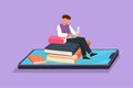 Character flat drawing young smart male college student sitting on pile of book while typing on laptop on smartphone screen.