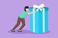 Character flat drawing young woman pushes in front of her huge gift . Giving gifts for holiday concept. Wrapped birthday gift box