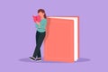 Character flat drawing young woman reading and standing on big book. Smart girl student learning and studying in library. Royalty Free Stock Photo