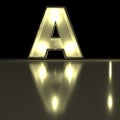 Character A font with reflection. Light bulb glowing letter alph Royalty Free Stock Photo