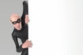 Character fraudster John Scammer in mask look around the corner with empty space. 3d rendering. Close up. Royalty Free Stock Photo