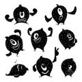 Character of funny monster in different action poses. Devil cute smile. Monochrome illustrations