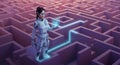 A character in futuristic attire stands within a complex, three-dimensional maze. They Royalty Free Stock Photo