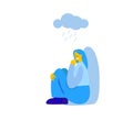 Character girl experiences loneliness over a cloud with rain.