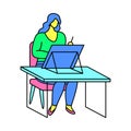 Character Girl Using Computer at Sitting at Desk Concept Contour Linear Style. Vector Royalty Free Stock Photo