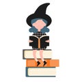 Character girl witch. Halloween idea. A girl is studying books of magic.