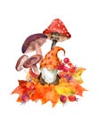 Character gnome with autumn leaves, mushrooms. Forest fall card design. Watercolor drawing scandinavian dwarf. Artisic