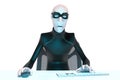 Character Hacker John Scammer in mask using laptop committing theft. cyber attack and internet security. 3d rendering