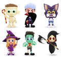 Character halloween vector set. Cute kids characters wearing halloween costume. Royalty Free Stock Photo