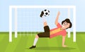 character hitting football. cartoon male character playing soccer, football player competition stadium tourentament