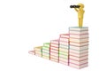 A character holding a binoculars on books,3D illustration. Royalty Free Stock Photo