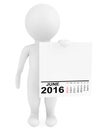 Character holding calendar June 2016. 3d Rendering Royalty Free Stock Photo