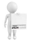 Character Holding Calendar March 2024 Year. 3d Rendering