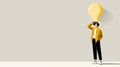 Character Holds Light Bulb Above Head While Posing Creatively Against a Blank Backdrop in a Modern Setting Royalty Free Stock Photo