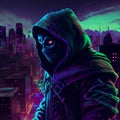 A character in a hoodie looks at the city from a height, cyberpunk, neon colors, illustration