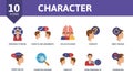 Character icon set. Contains editable icons personality theme such as personality model, collective mind, mind trigger