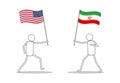 Character icons holding flag between USA and Iran face to face because conflict and war