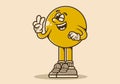 Character illustration of ball head with hand form a symbol of peace. Yellow vintage color