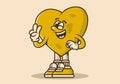 Character illustration of heart with hand form a symbol of peace. Yellow vintage color