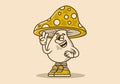 Character illustration of mushroom with hand form a symbol of peace. Yellow vintage color