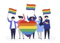 Character illustration of people holding LGBT support icons