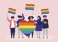 Character illustration of people holding LGBT support icons