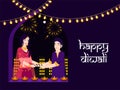 Character of Indian couple holding oil lamp for celebrating Diwali Festival. Royalty Free Stock Photo