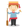 Character from Italy dressed in the traditional way as a Venice gondolier eating pizza. Royalty Free Stock Photo