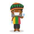 Character from Jamaica dressed in the traditional way with dreadlocks and with surgical mask and latex gloves